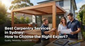 A professional from Ramcon Carpentry discusses building plans with homeowners on a newly constructed custom timber deck and pergola, showcasing the best carpentry services in Sydney.