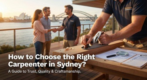 A professional carpenter in Sydney from Ramcon Carpentry planing timber on a deck overlooking the harbour, representing trust and quality craftsmanship for clients.