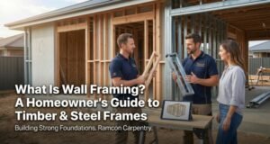 A Ramcon Carpentry professional inspecting structural timber beams on a job site, illustrating what is wall framing for a residential home renovation in Sydney.