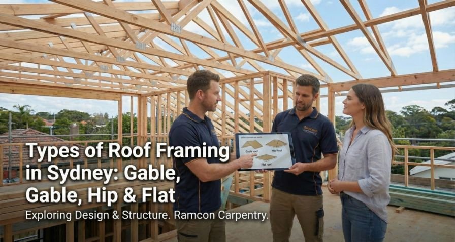 Types of roof framing in Sydney showing gable, hip, and flat roof structures by Ramcon Carpentry